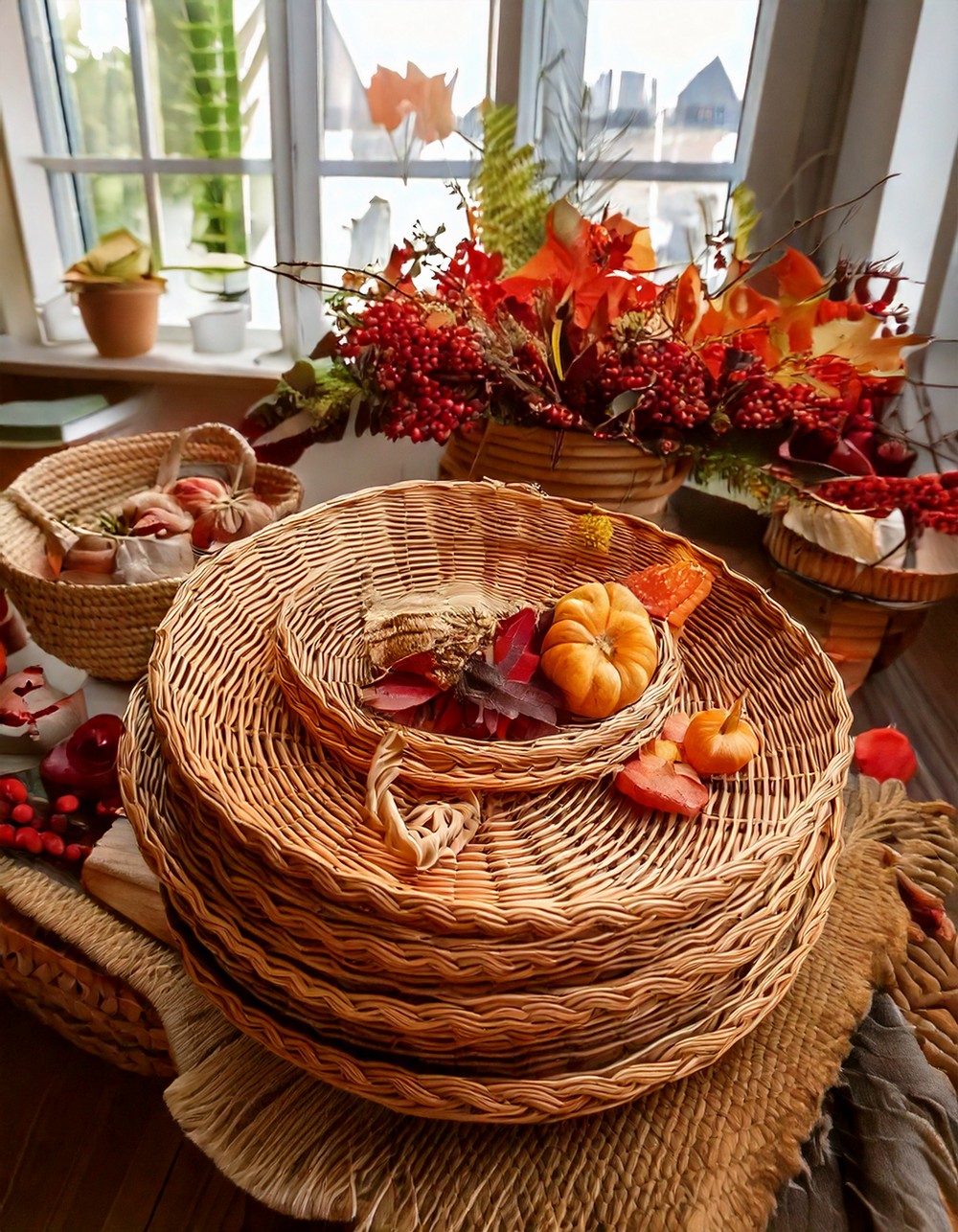 Layered Rattan Trays with Seasonal Accents