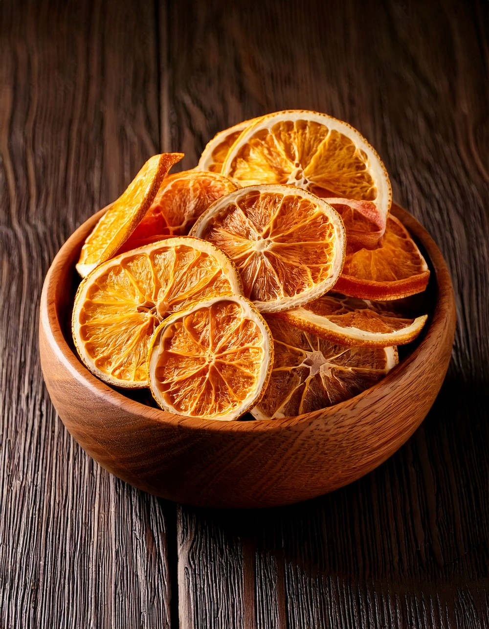 Low Wooden Bowl with Dried Citrus Slices