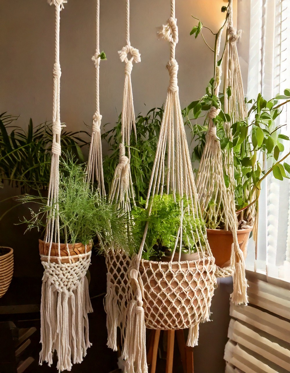 Macramé Plant Hangers with Potted Herbs