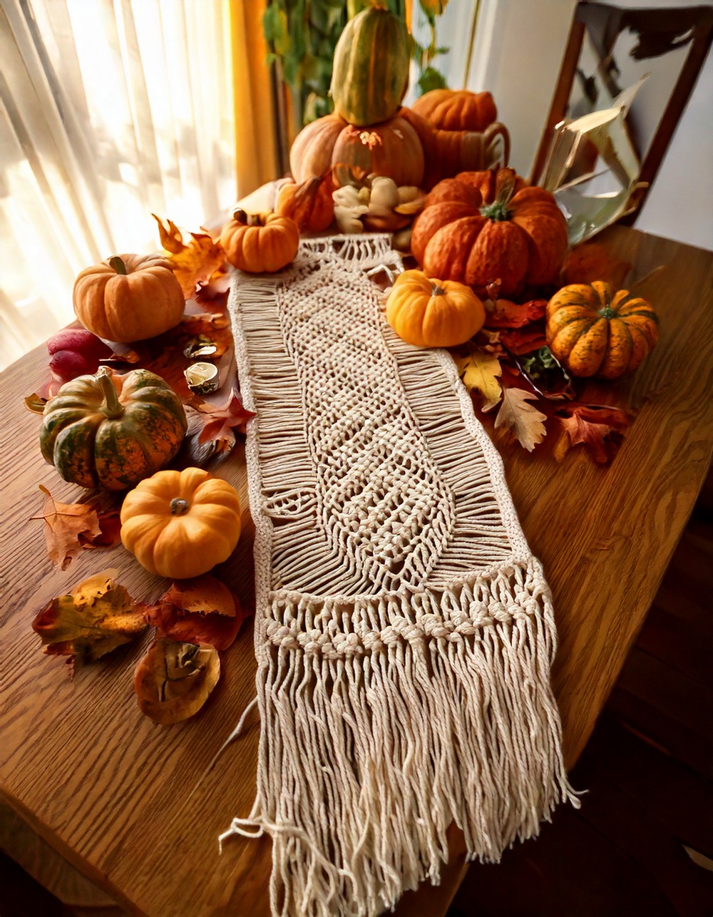 Macramé Table Runner with Autumn Decor