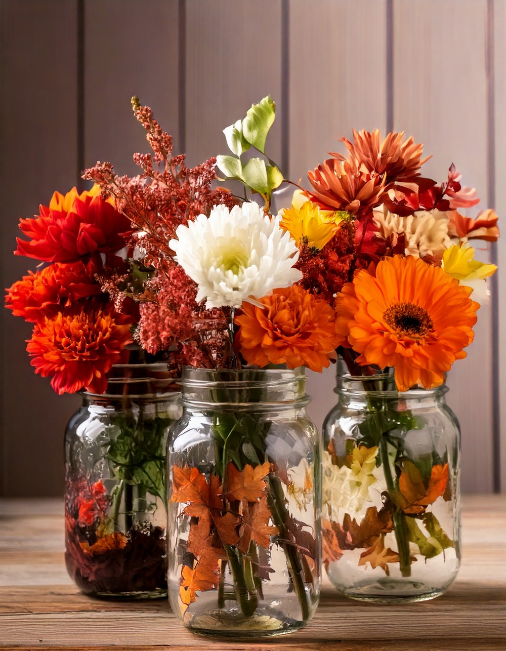 Mason Jar Vases with Faux Fall Flowers