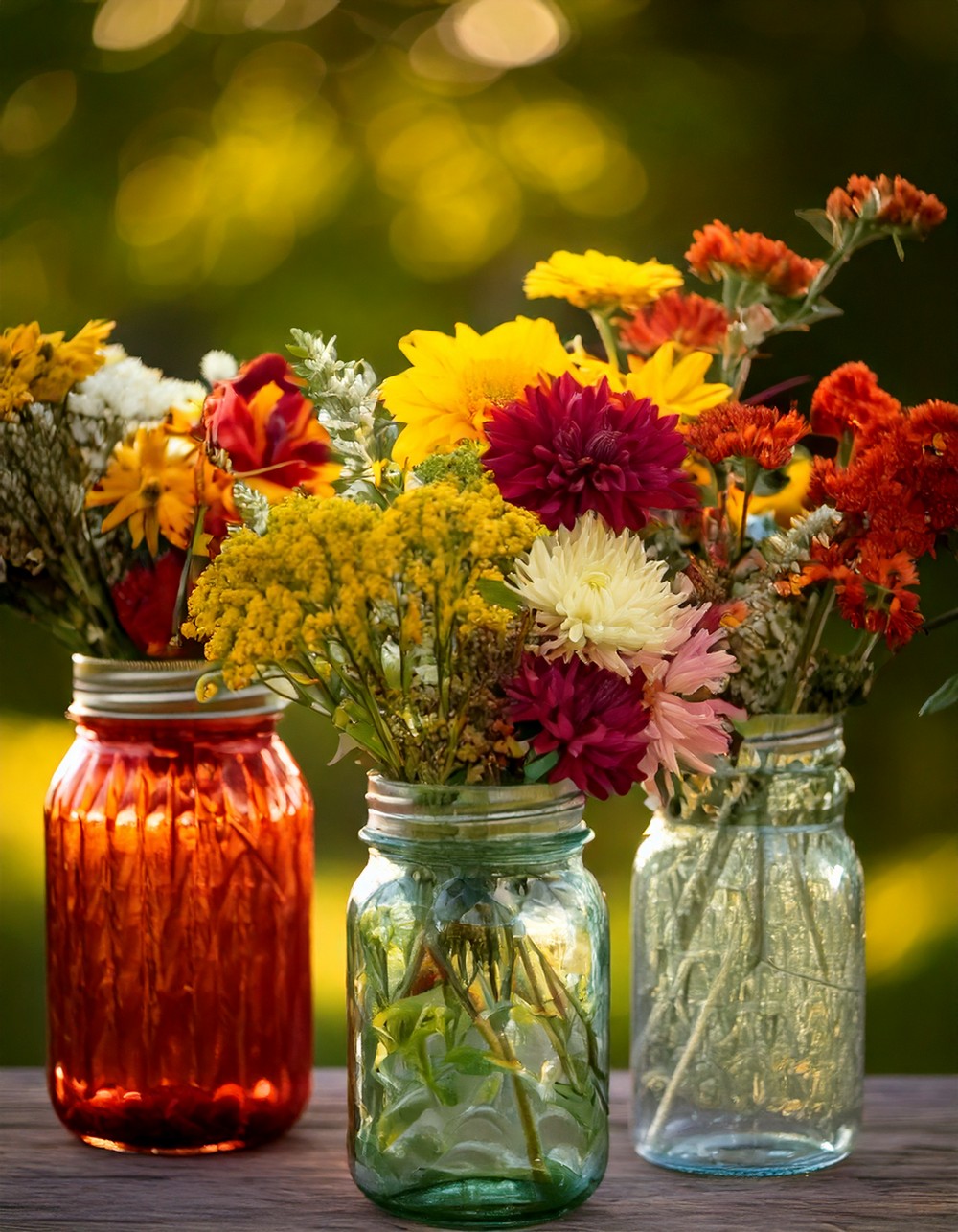 Mason Jar Vases with Mixed Fall Flowers