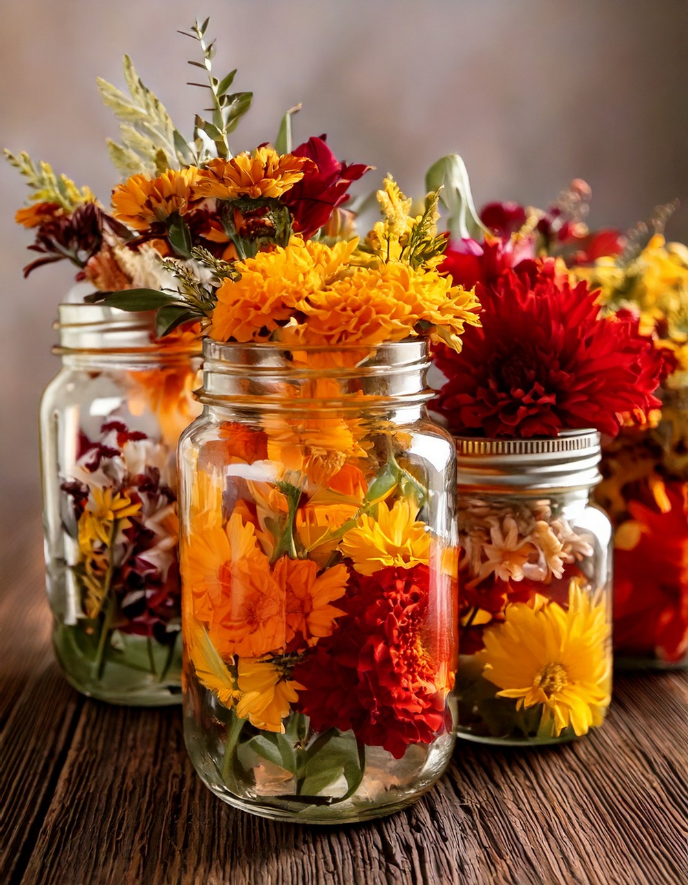 Mason Jars Filled with Autumn Florals