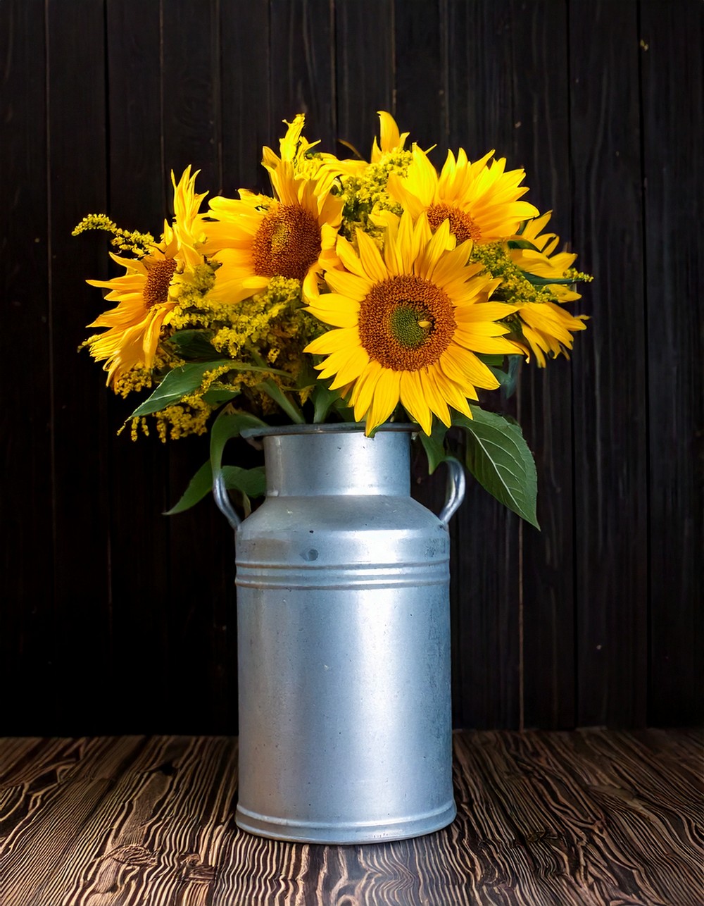 Metal Milk Can Vase with Sunflowers