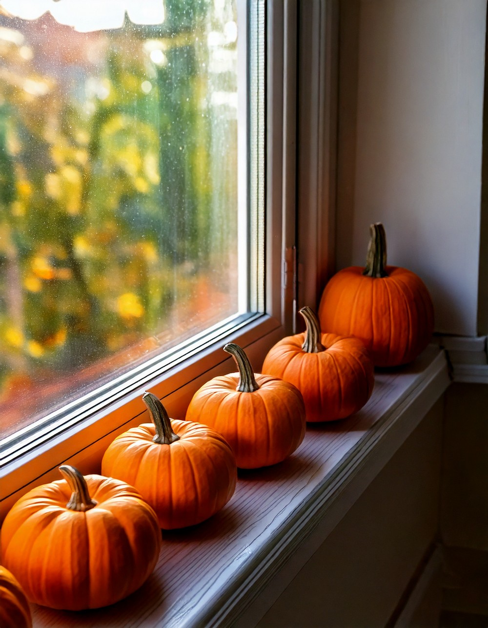 Mini Pumpkins Lined Along the Windowsill