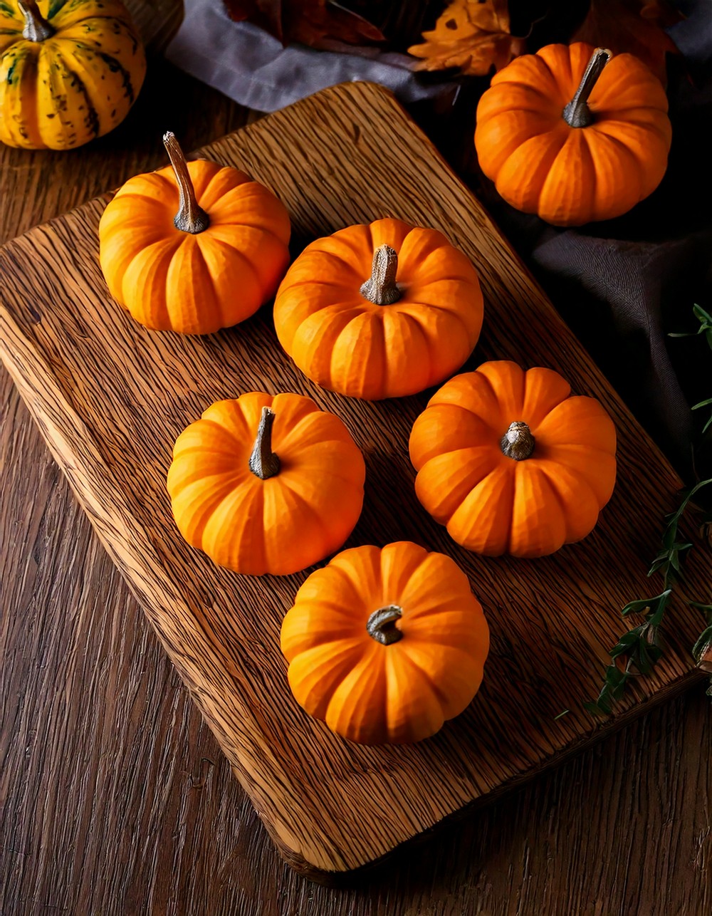 Mini Pumpkins on a Wooden Cutting Board