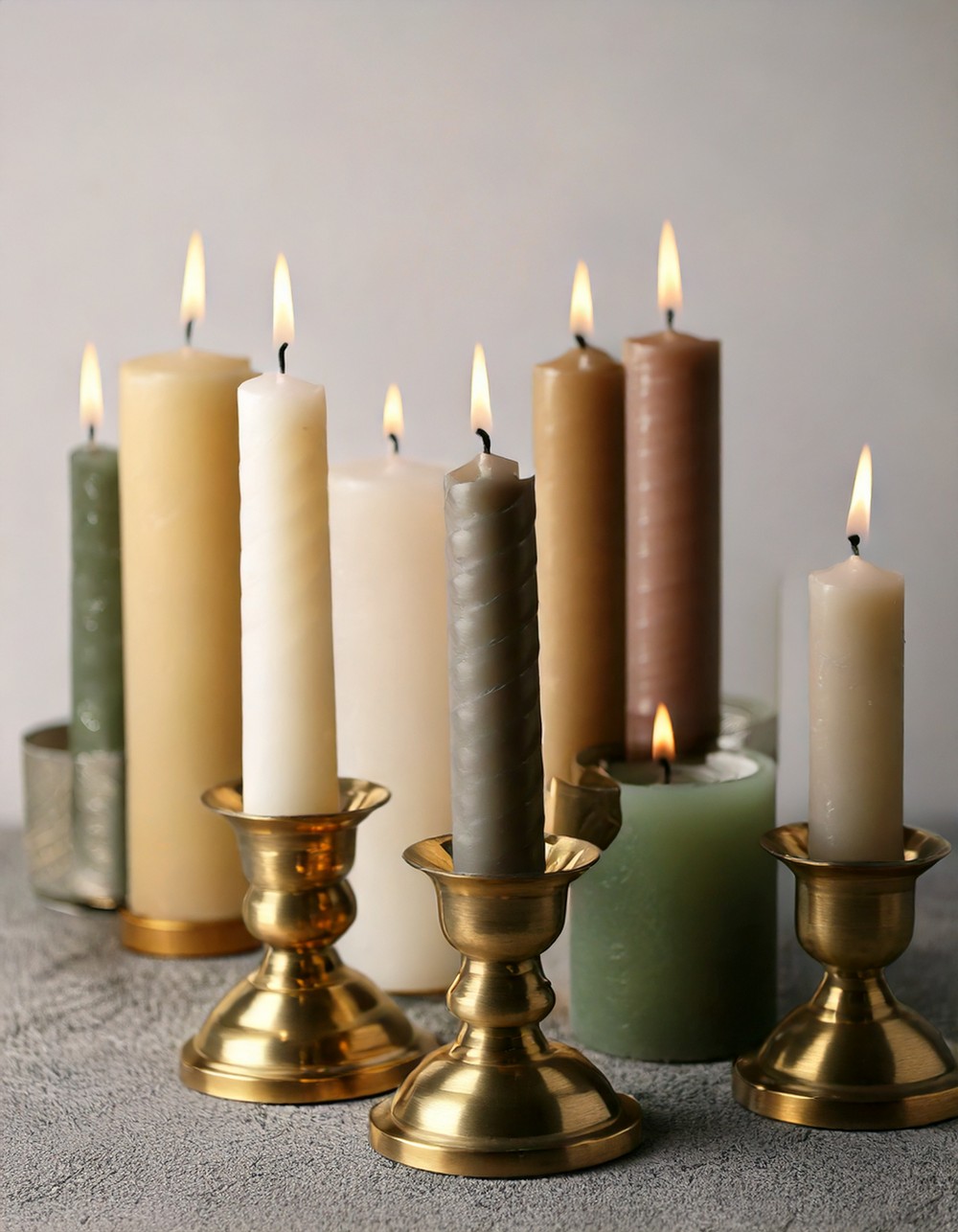 Neutral-Colored Taper Candles in Brass Holders