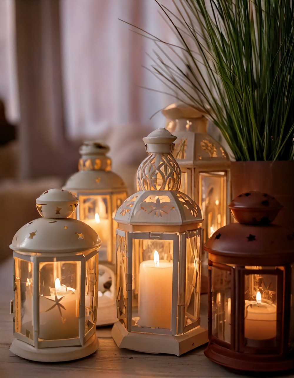 Neutral-Toned Lanterns with Flameless Candles