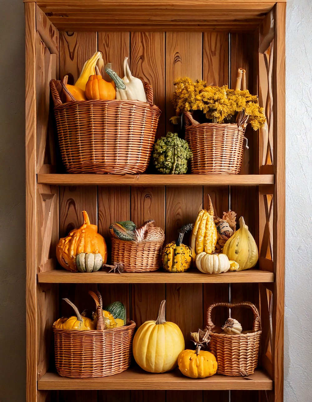 Open Shelf Styled with Gourds and Harvest Baskets