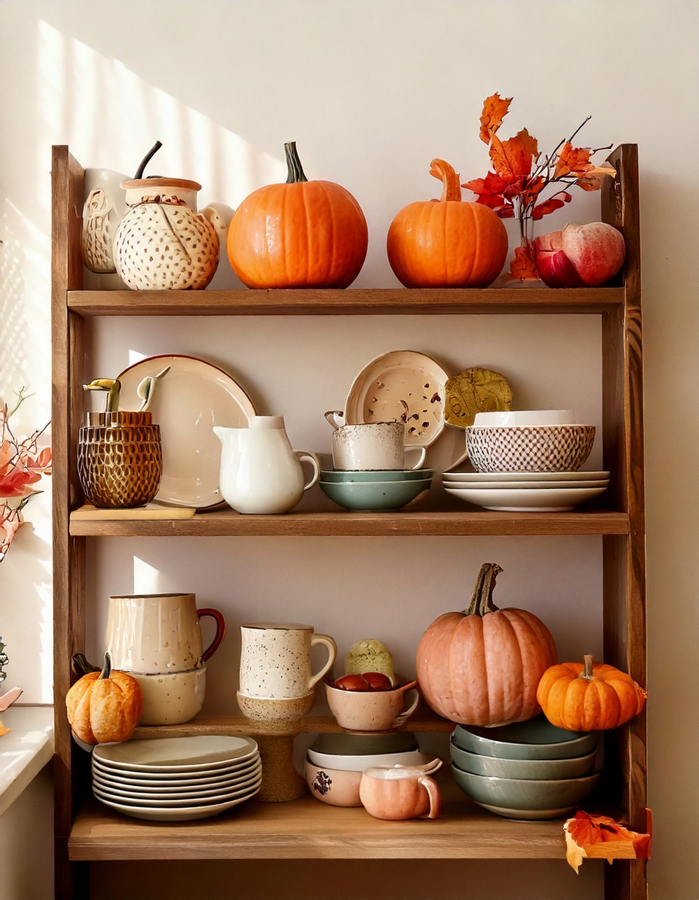Open Shelving Styled with Fall Mugs and Dishes