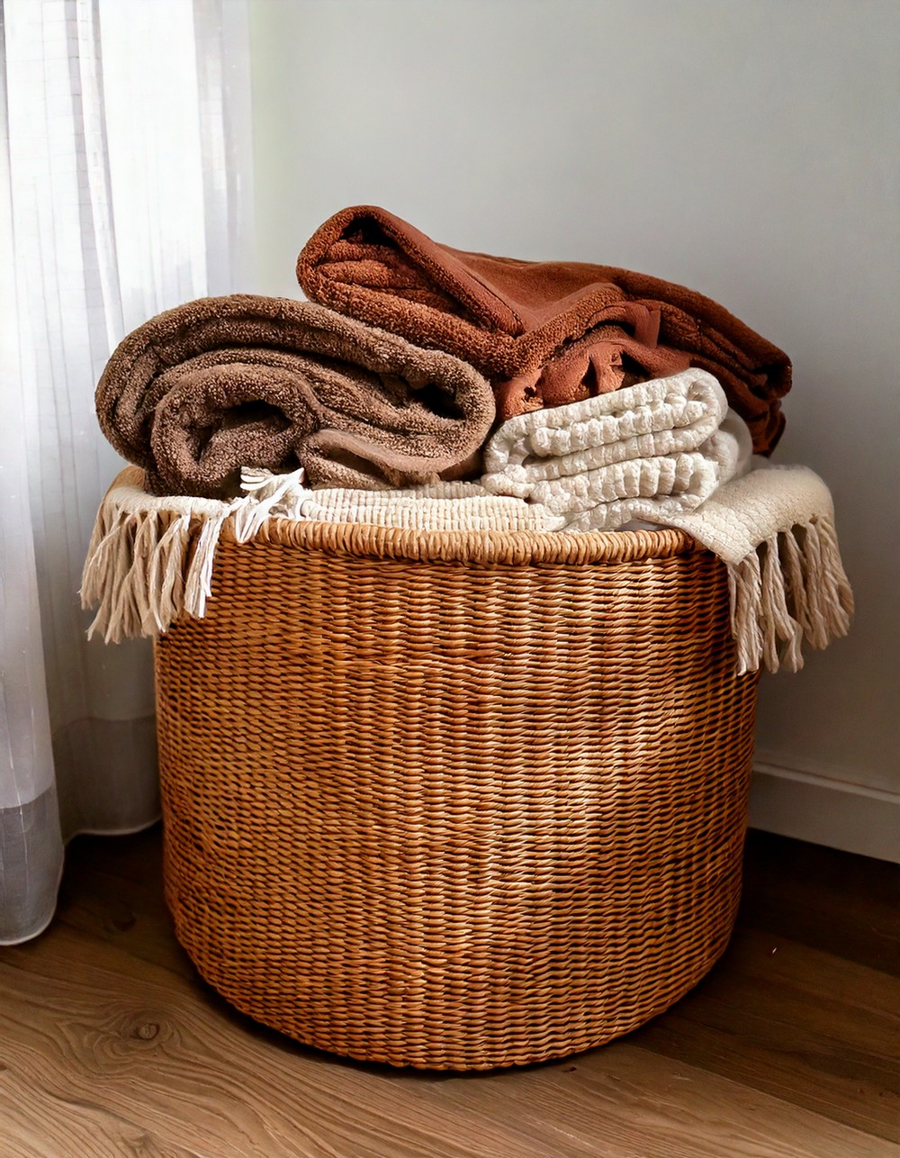 Organize Throw Blankets in a Woven Bin