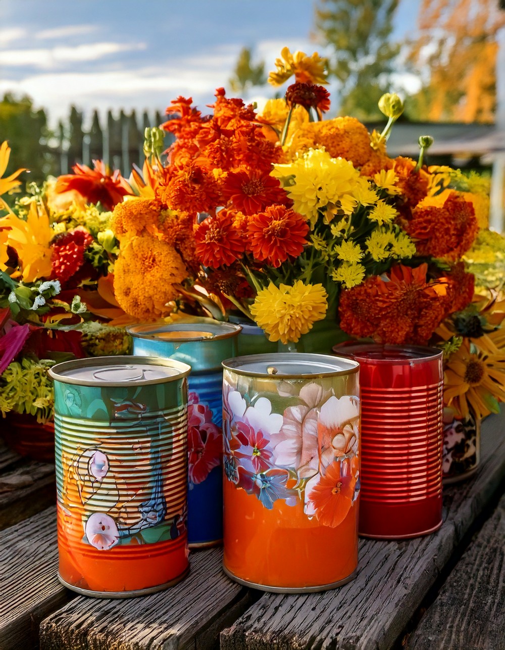 Painted Tin Cans with Fall Flowers