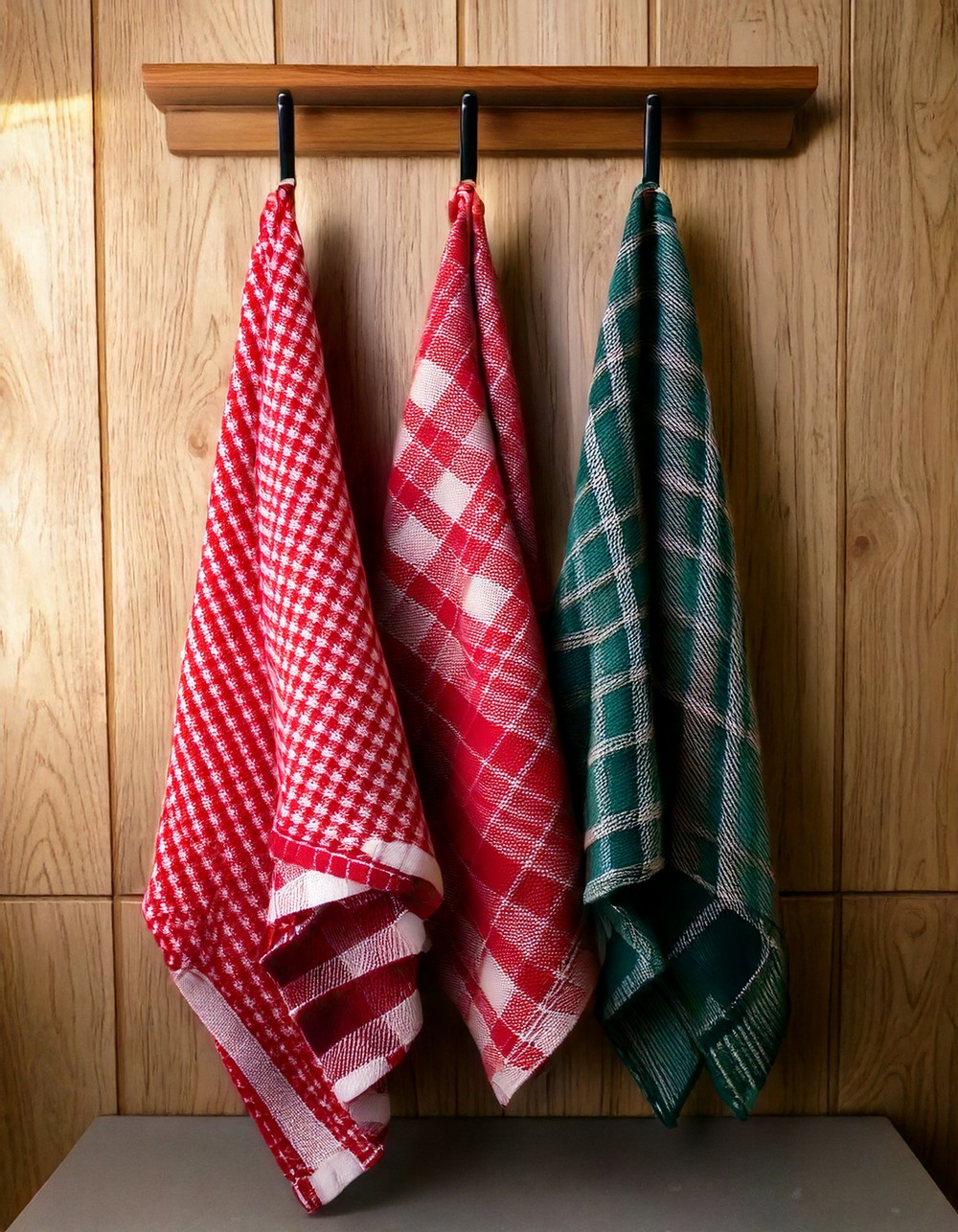Plaid Dish Towels Hung on Hooks