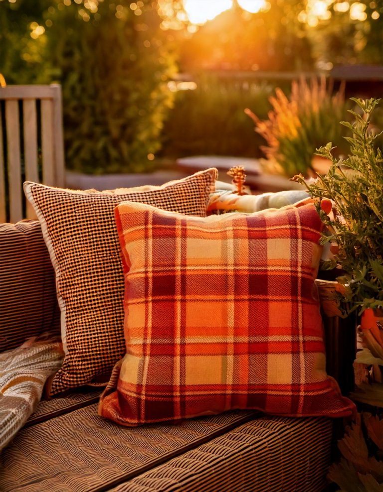 Plaid Outdoor Pillows in Warm Tones