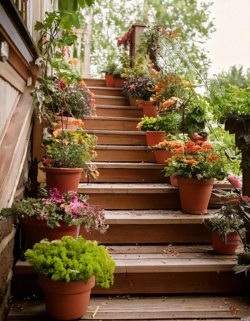 Porch Steps Lined with Mini Potted Florals