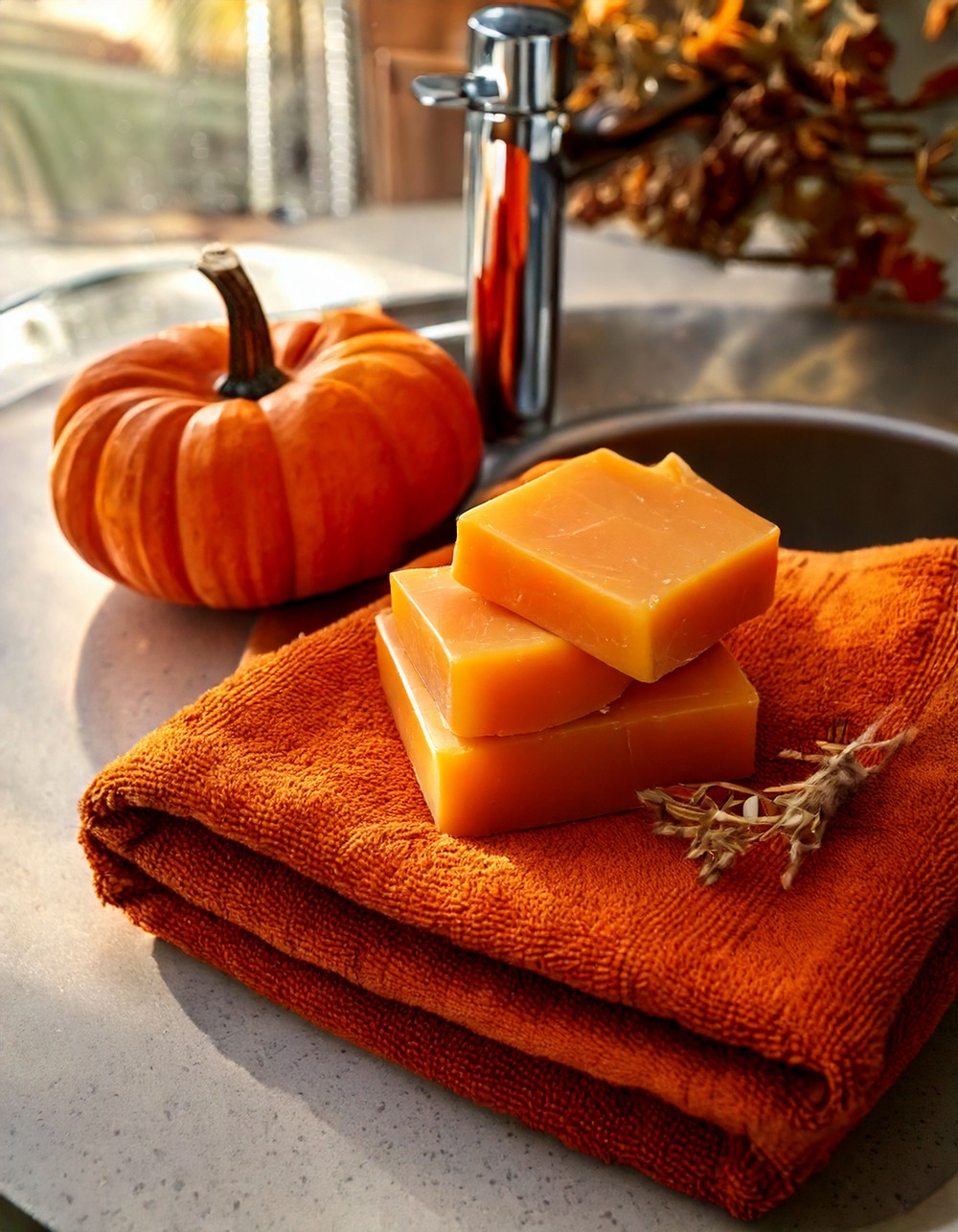 Pumpkin Spice Soap and Hand Towel by the Sink