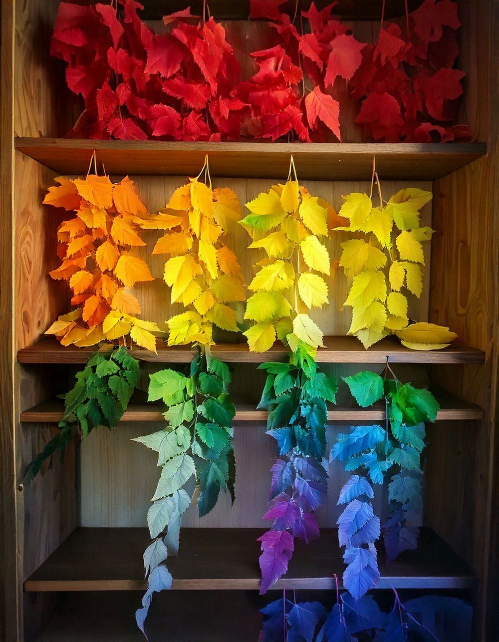 Rainbow Leaf Garland Across Open Shelves