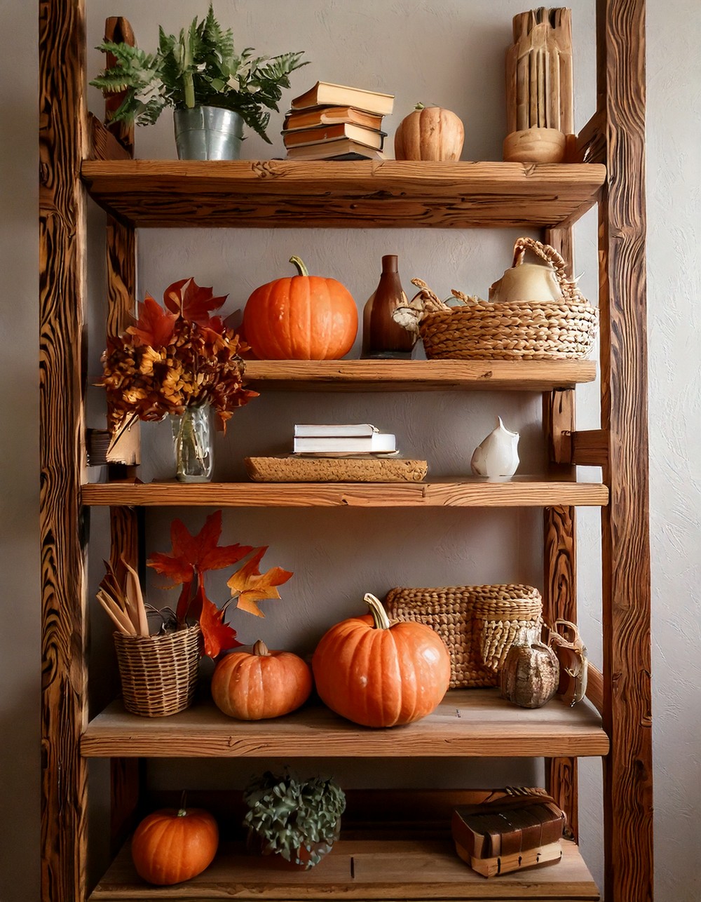 Reclaimed Wood Shelves with Autumn Decor