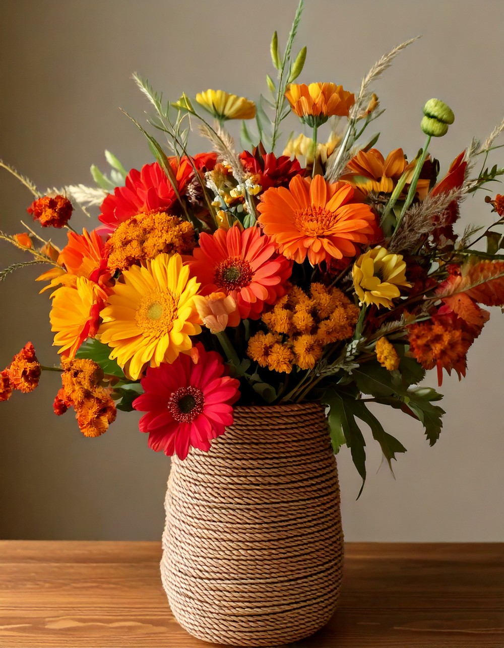 Rope-Wrapped Vase with Fall Blooms