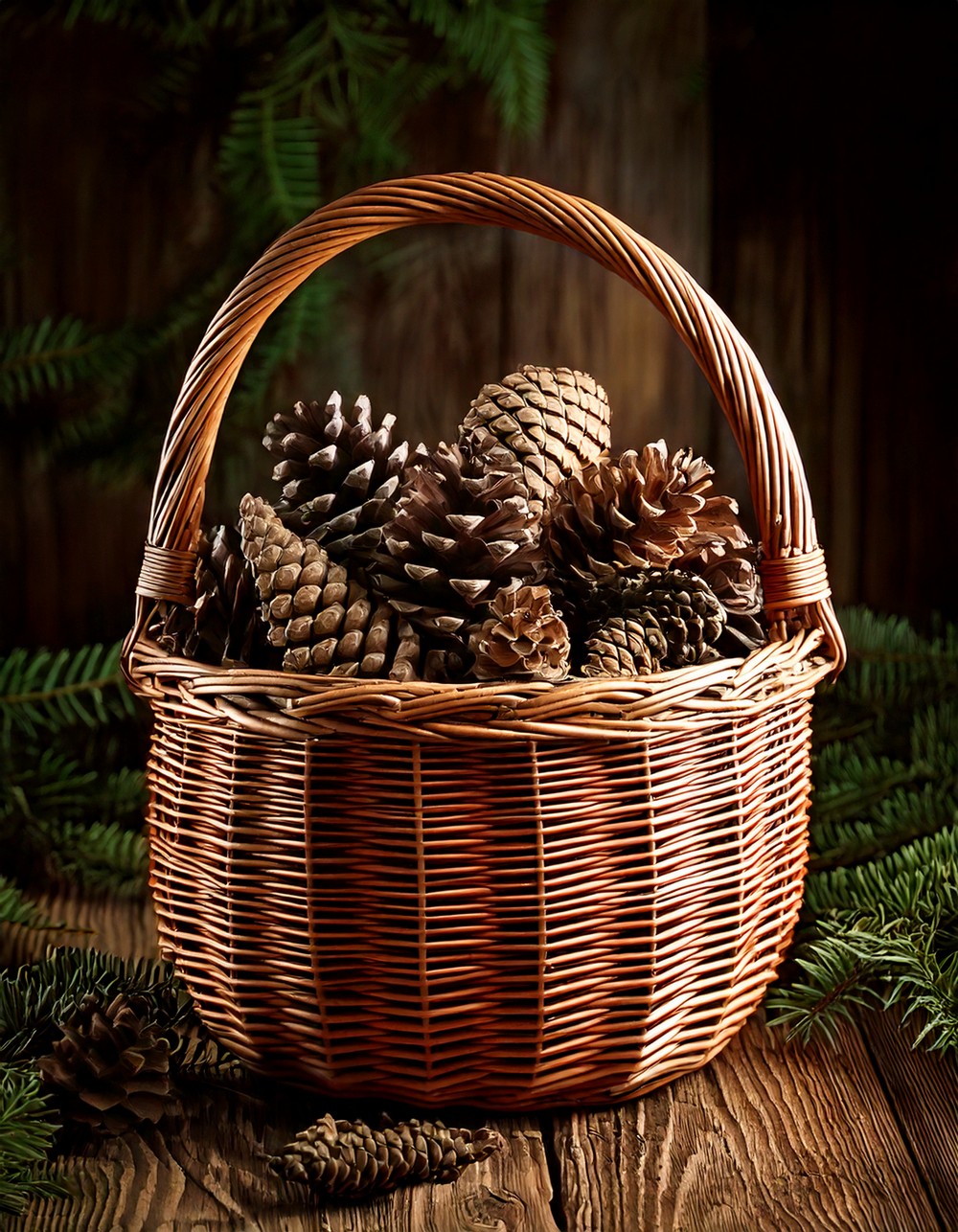 Rustic Basket Filled with Pinecones
