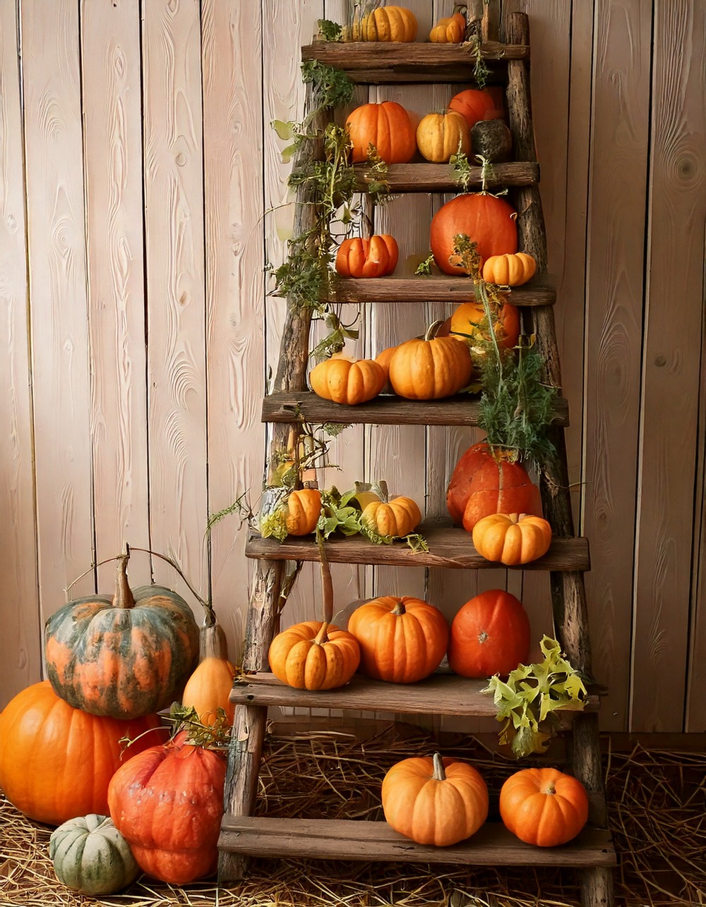 Rustic Ladder Decorated with Mini Pumpkins