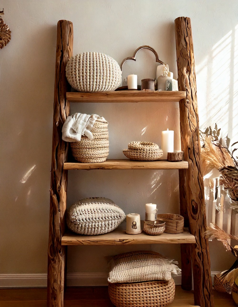 Rustic Ladder Shelf with Cozy Accents