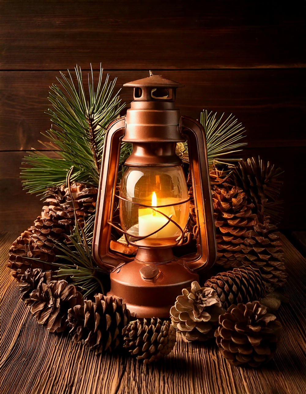 Rustic Lantern Surrounded by Pinecones