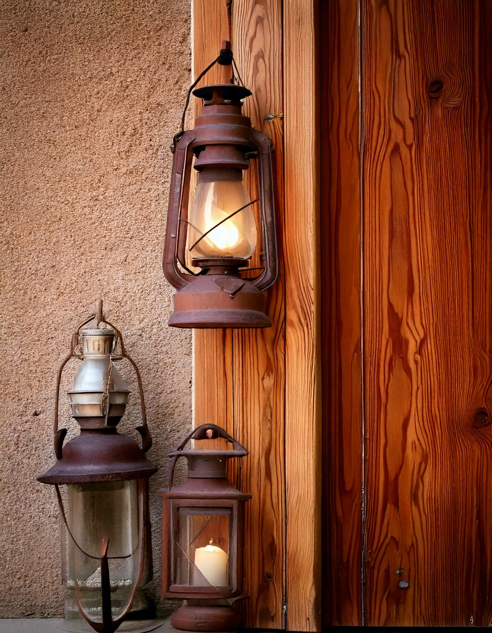 Rustic Lantern Trio Beside the Door