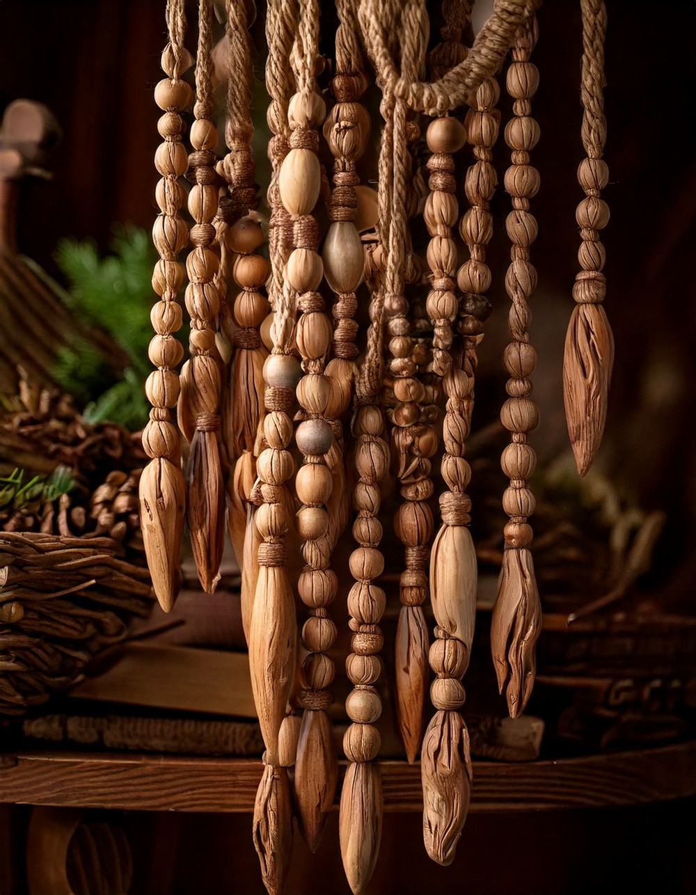 Rustic Wooden Beads Draped Over Decor
