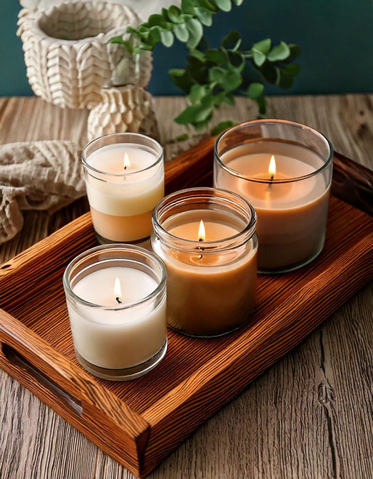 Rustic Wooden Tray with Layered Candles