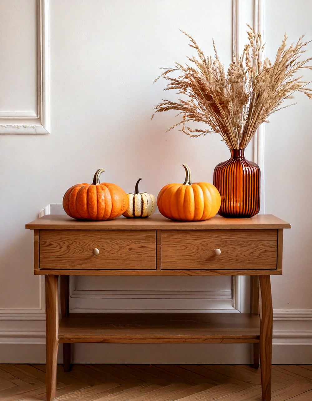 Slim Console Table with Pumpkin Decor