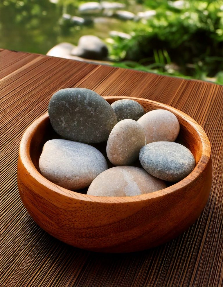 Smooth River Stones in a Low Wooden Bowl