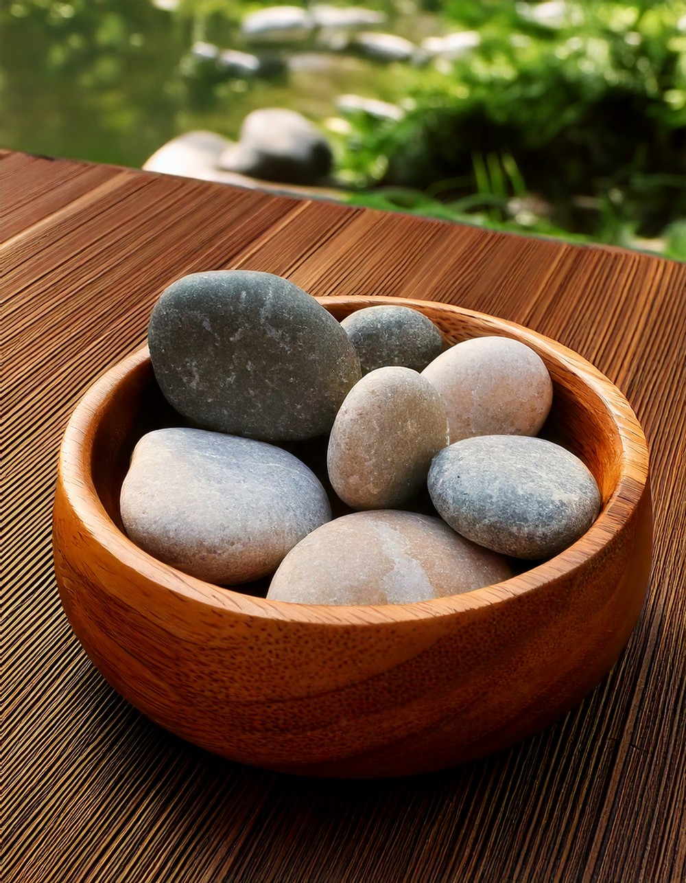 Smooth River Stones in a Low Wooden Bowl