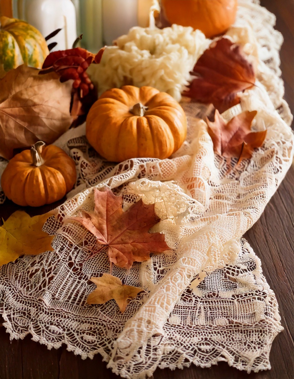 Soft Lace Table Runner with Fall Accents