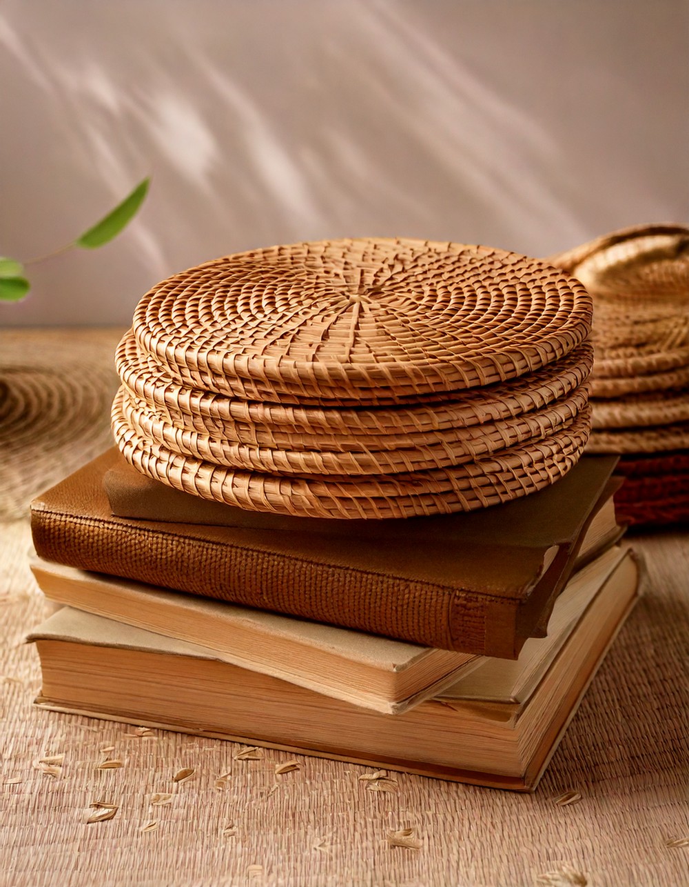 Stacked Books Topped with Woven Coasters