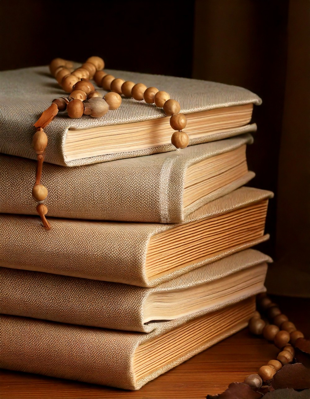 Stacked Linen-Covered Books with Wooden Beads