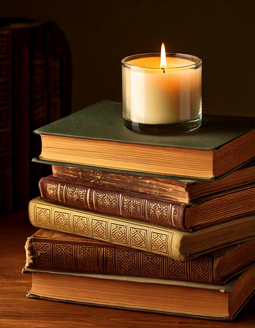 Stacked Vintage Books with a Cozy Candle