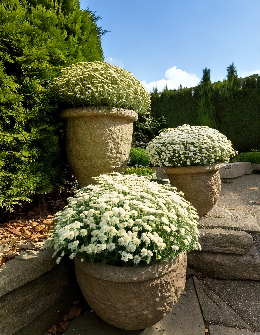 Stone Planters with White Mums and Dusty Miller