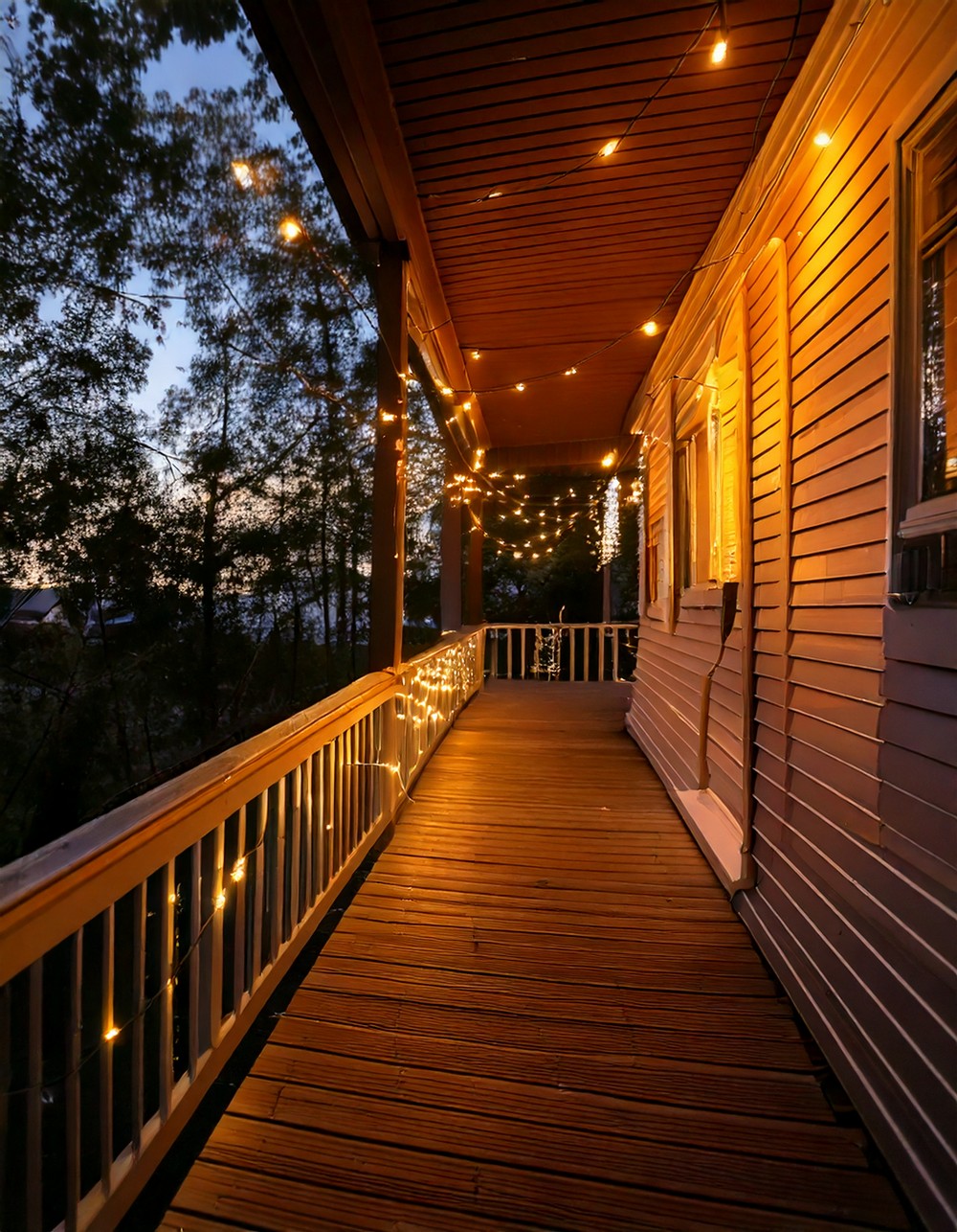 String Lights Draped Around the Porch Railing