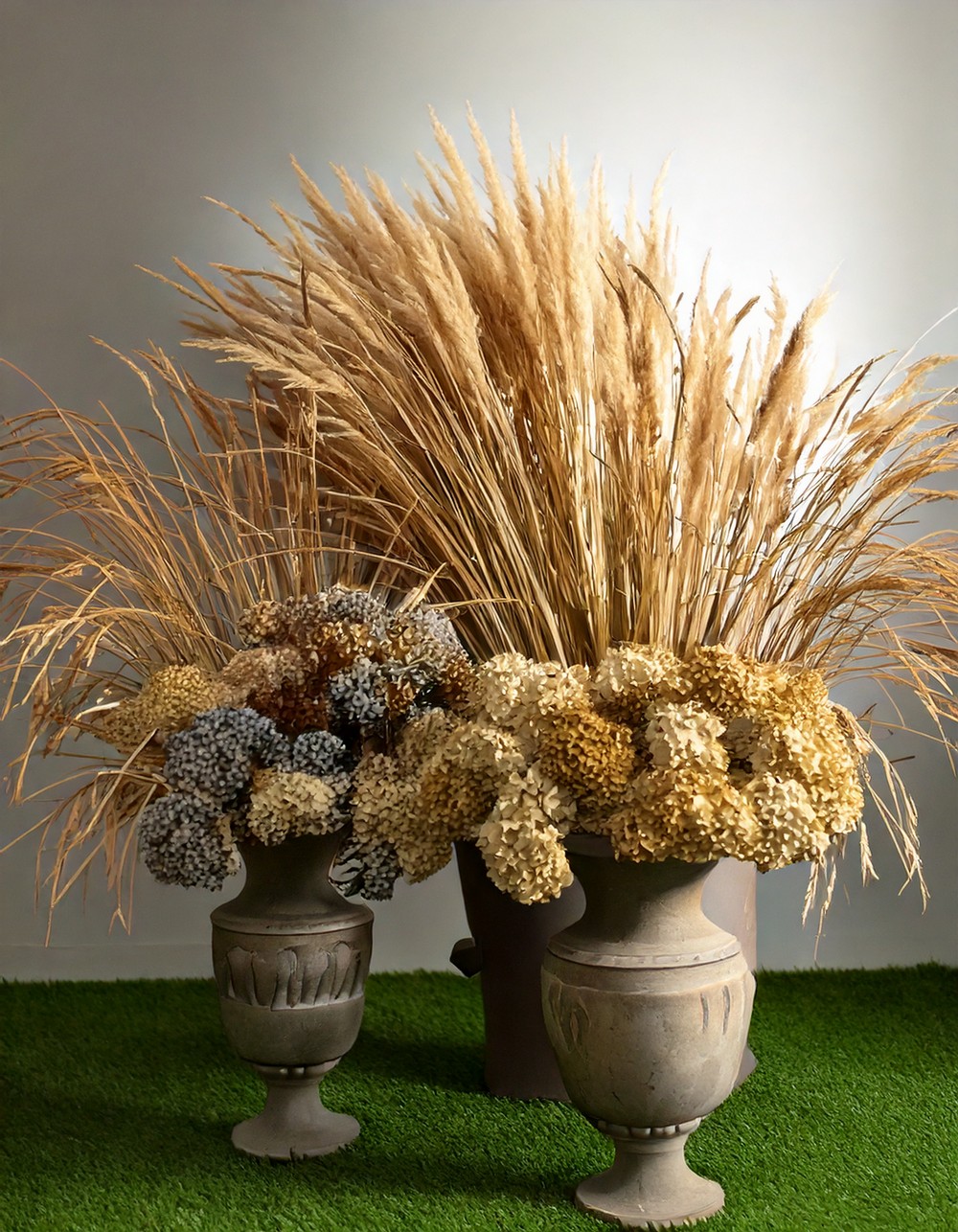 Tall Urns with Dried Hydrangeas and Grass