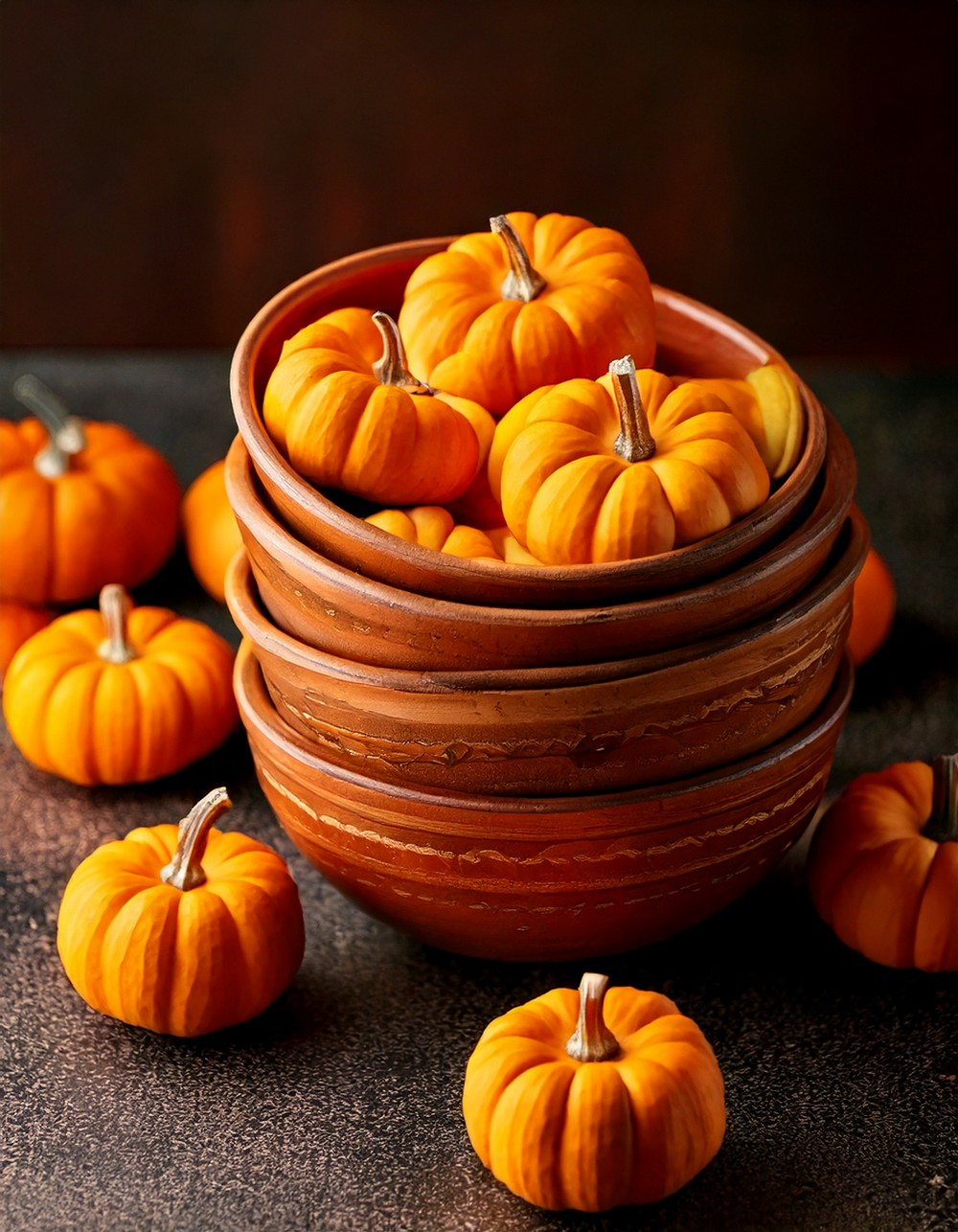 Terracotta Bowls Filled with Mini Pumpkins