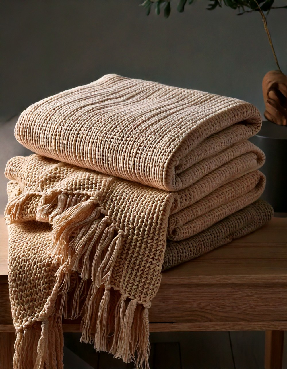 Textured Knit Throw Neatly Folded Beside Table