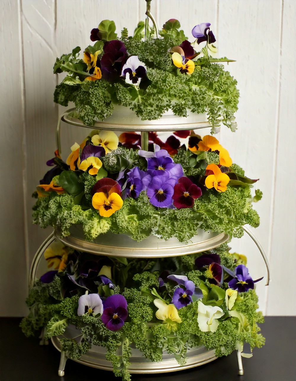 Tiered Floral Display with Pansies and Kale