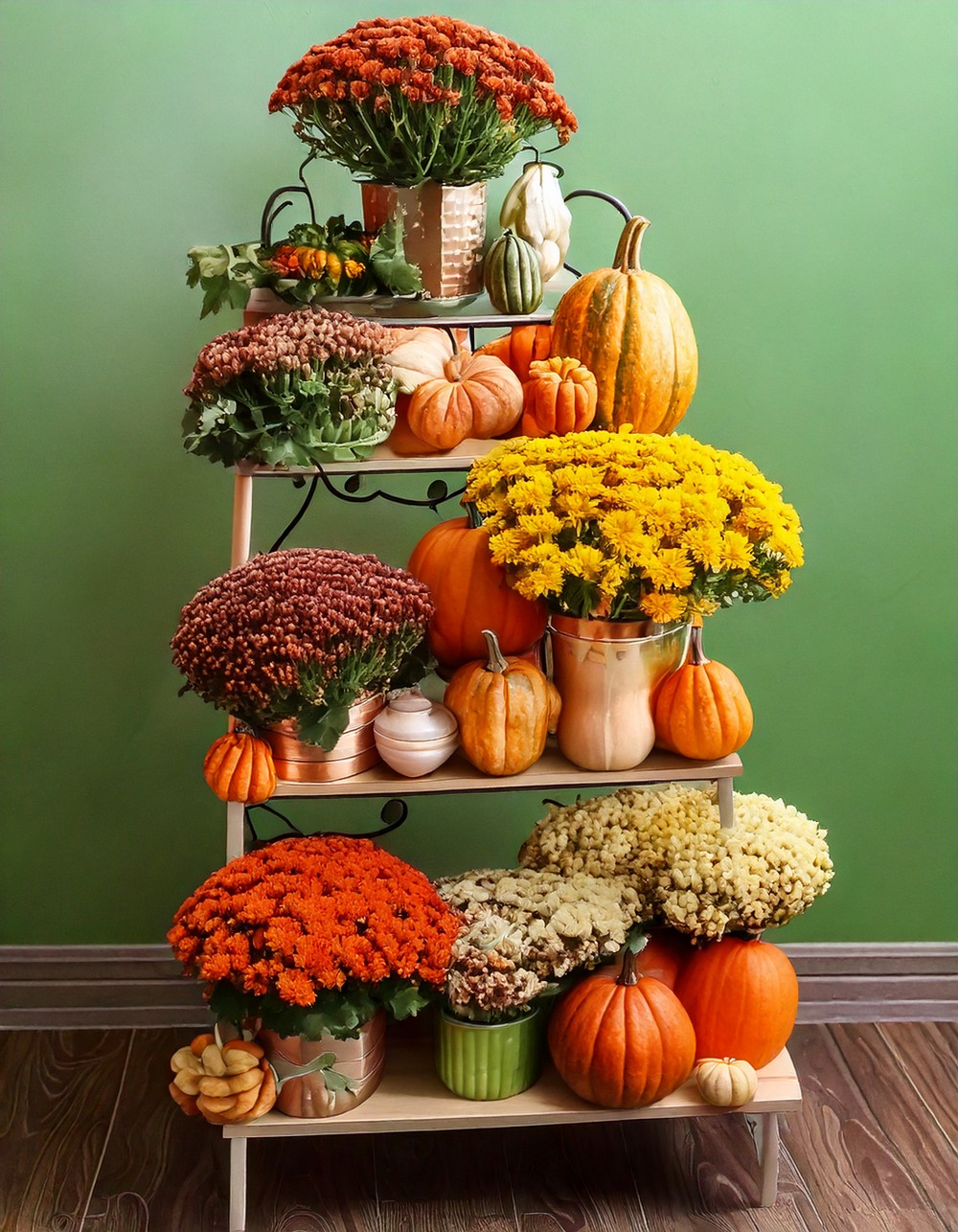 Tiered Plant Stand with Mums and Gourds