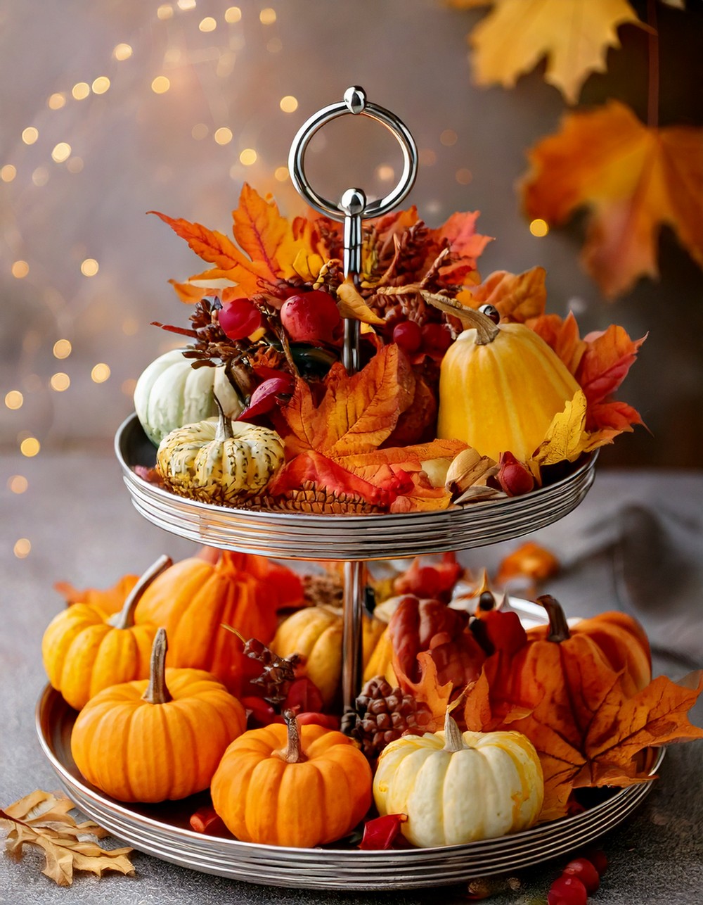 Tiered Tray with Multicolored Fall Accents