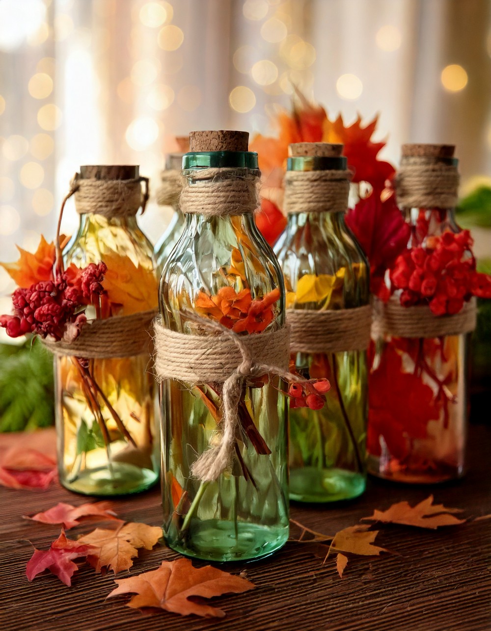 Twine-Wrapped Bottles with Fall Florals
