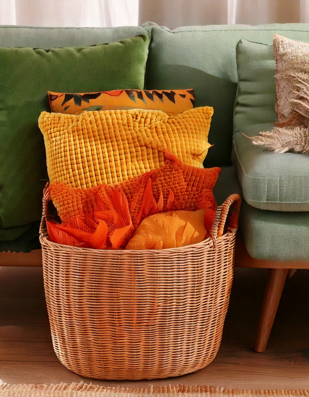 Under-Sofa Basket Storage for Fall Pillows