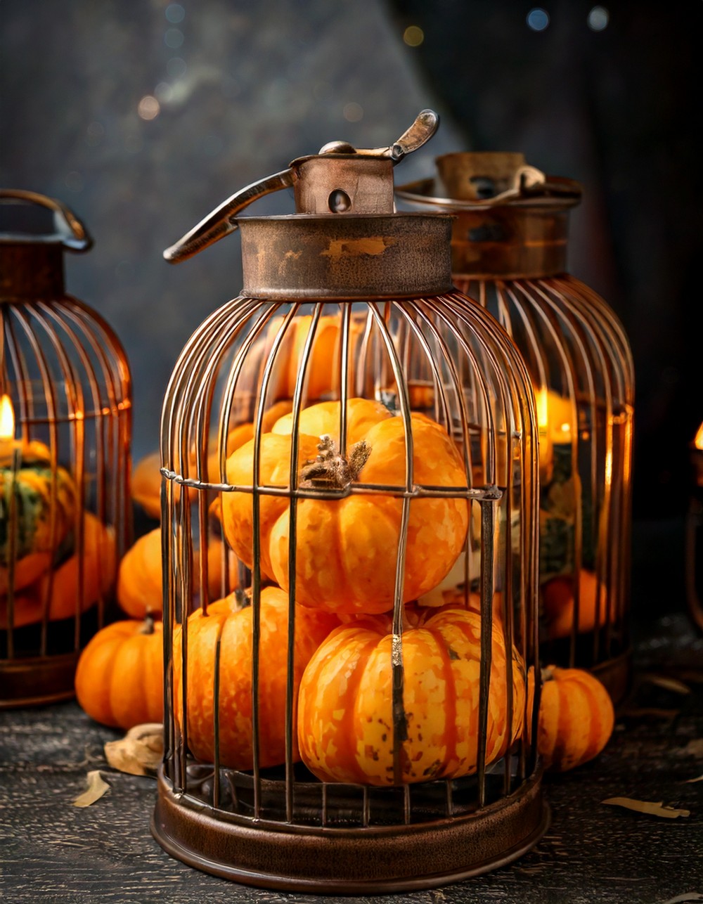 Upcycled Lanterns Filled with Mini Pumpkins