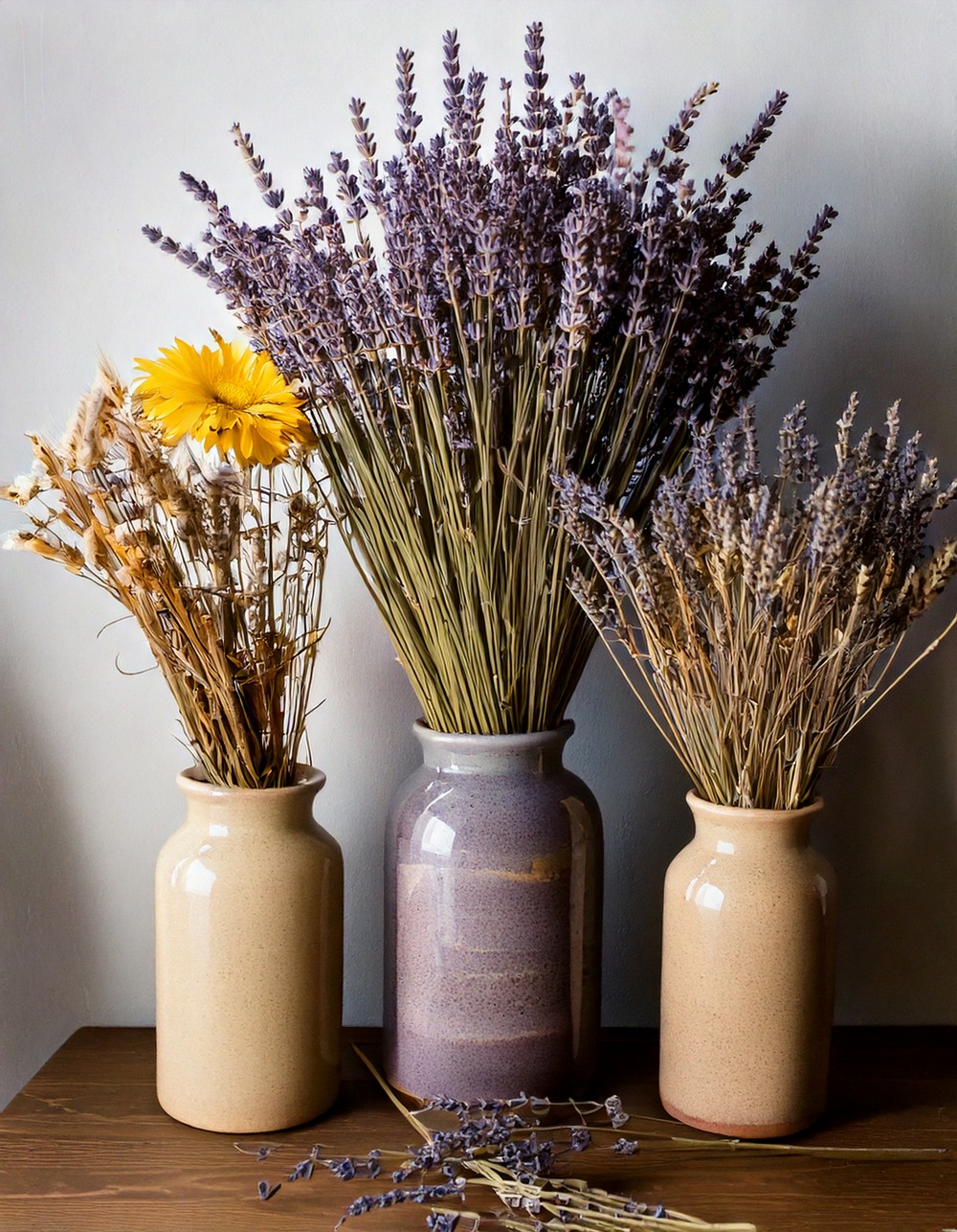 Vases of Dried Lavender and Wildflowers
