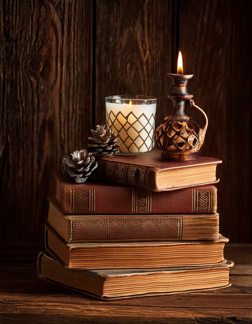 Vintage Books Stacked with Rustic Candle Holders